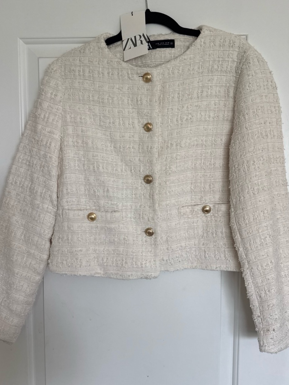 ZARA Off-White Tweed Button-Front Blazer with Gold Buttons